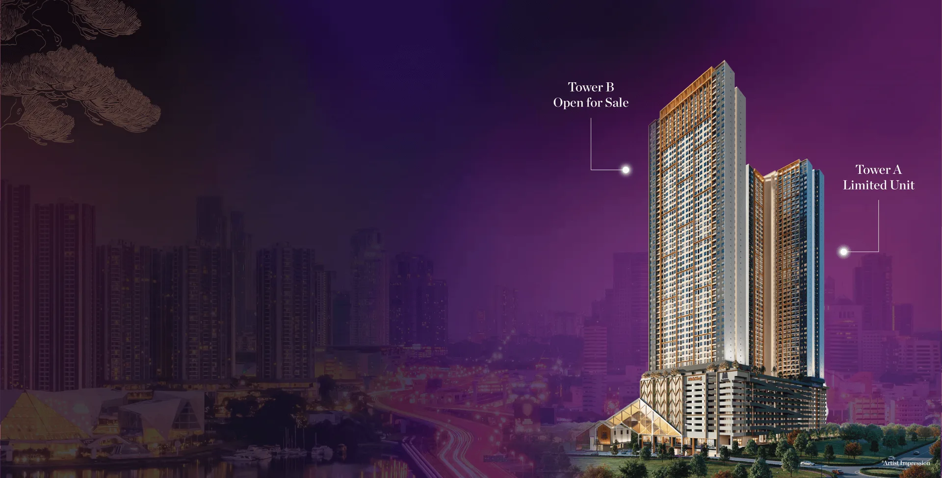 M Grand Minori twin towers at dusk over the Johor Bahru skyline, Tower B open for sale